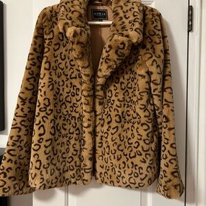 GUESS Women's Tan Leopard Print Teddy Jacket
